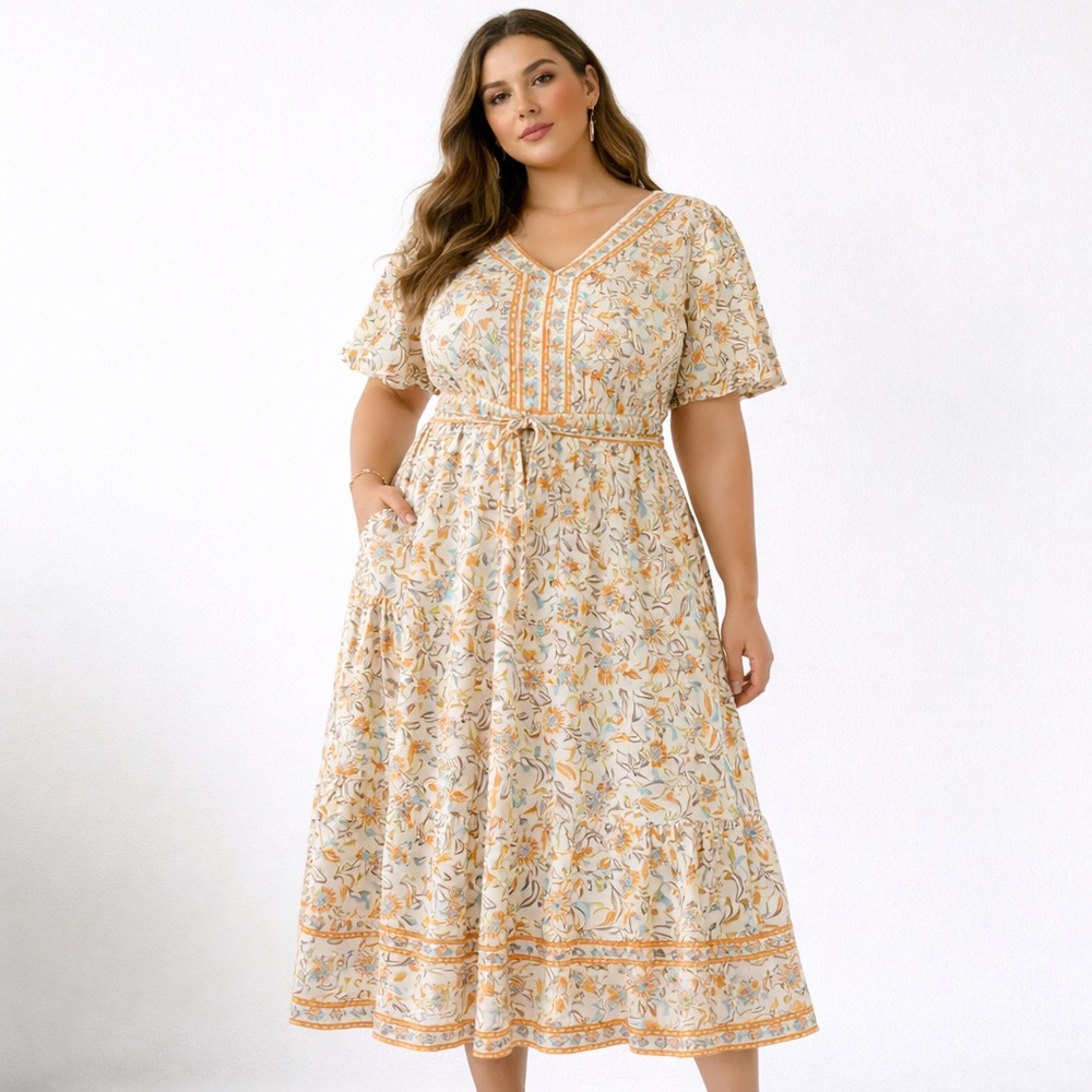 Léa Boho Maxi Dress NWT Floral Cotton V Neck Tiered Pockets Resort 2X